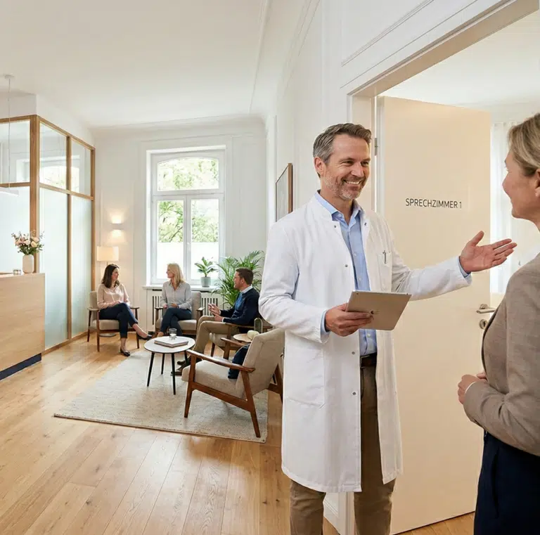 Arzt begrüßt eine Patientin an der Tür zum Sprechzimmer
